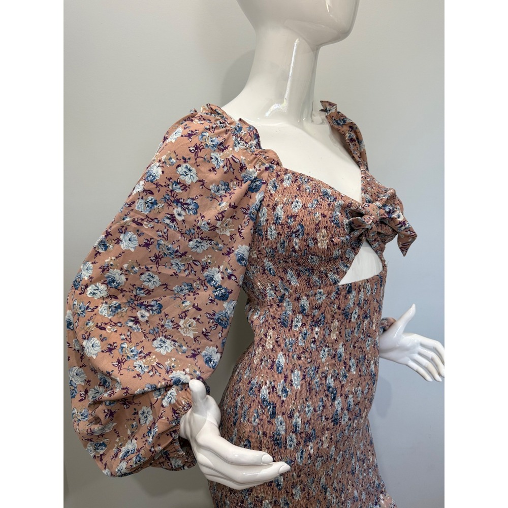Lulus Floral Smocked Cutout Mini Dress NWT Pink Mauve Long Sleeve Size M - Picture 6 of 13